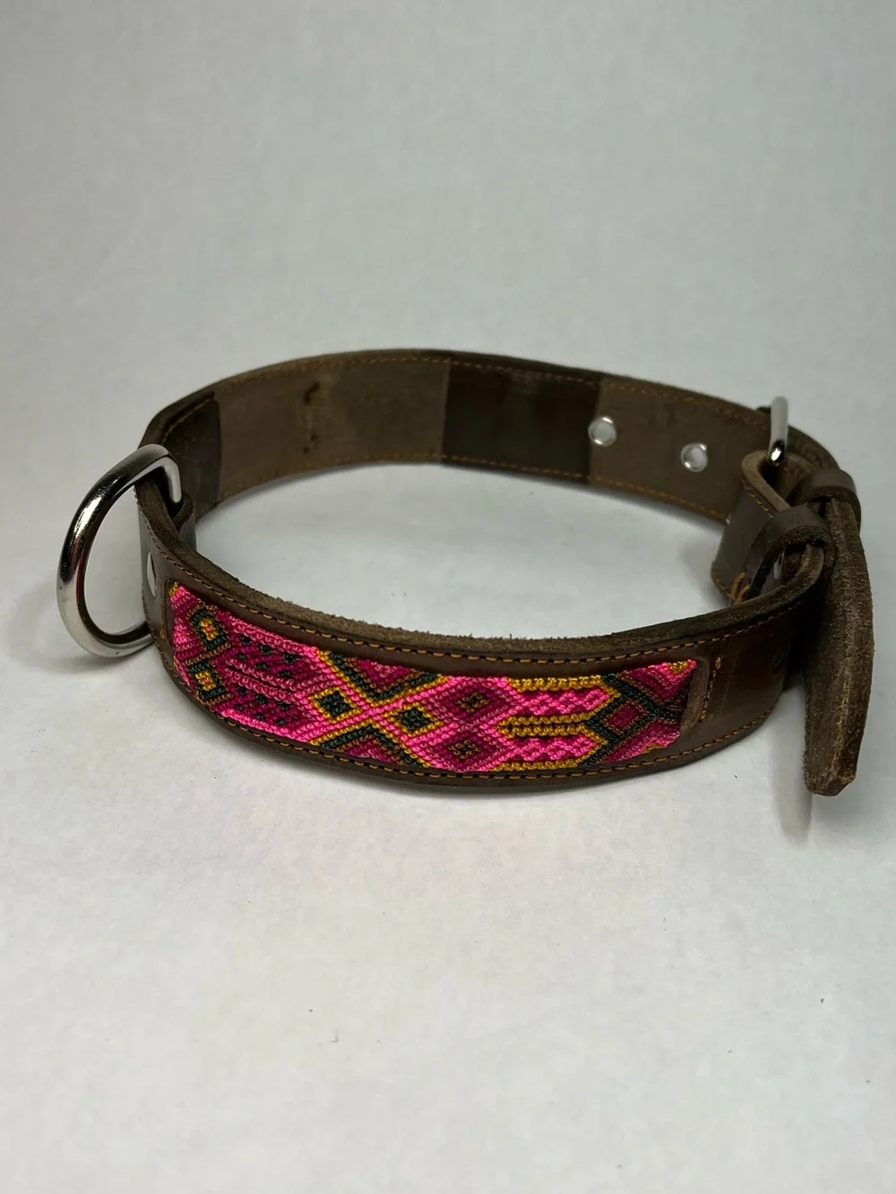 Real Leather Dog Collar with Pink Beaded handmade in Mexico.